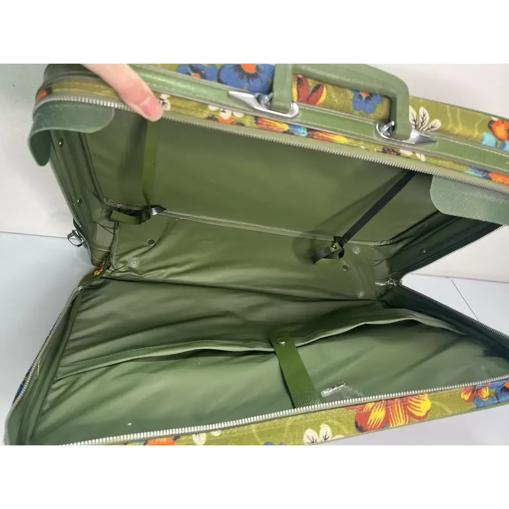 Vintage 1960s Floral Green Bantam Travel Bag Suitcase Retro Mod